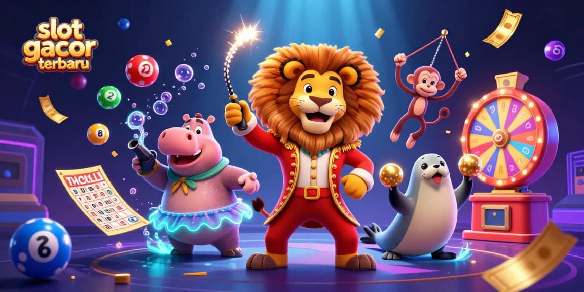 Slot gacor terbaru menampilkan ilustrasi kasino fantastis dengan karakter menghibur dan elemen permainan yang berwarna-warni.