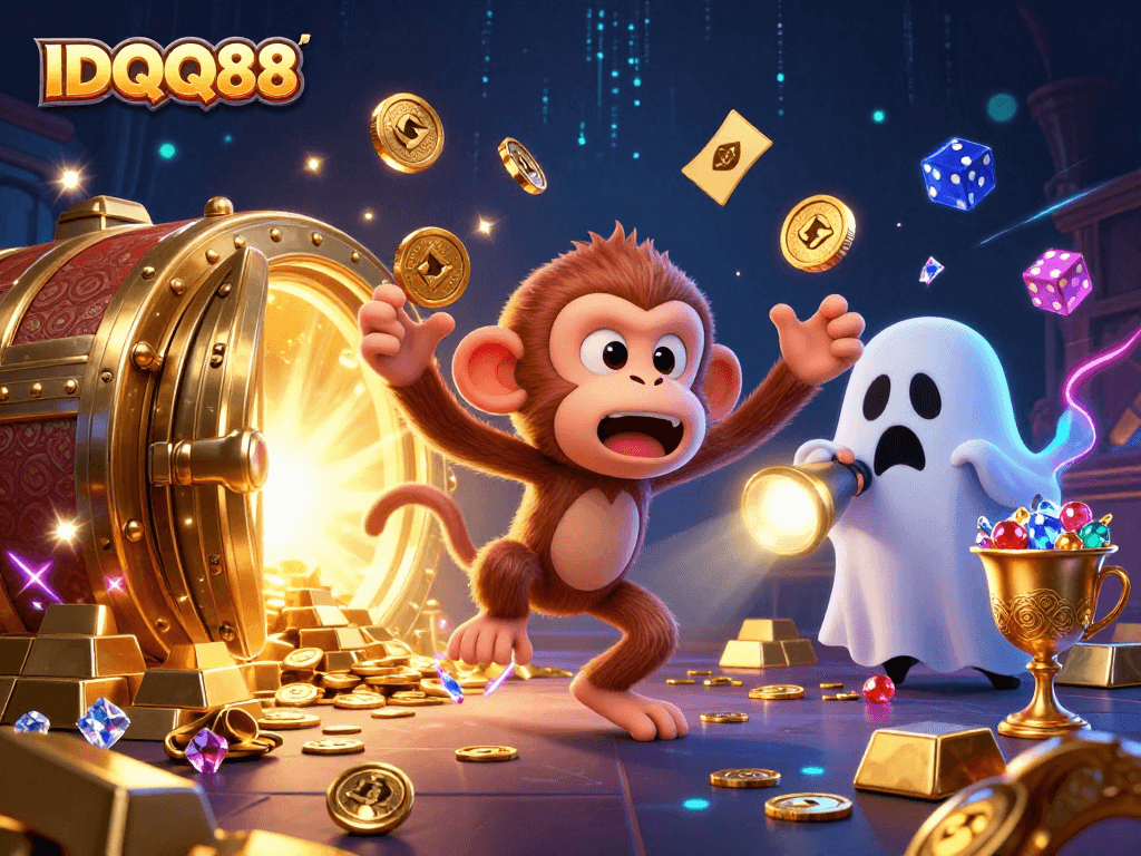 Experience thrilling gameplay at IDQQ88 with a playful spirit monkey juggling golden treasures in a haunted casino.