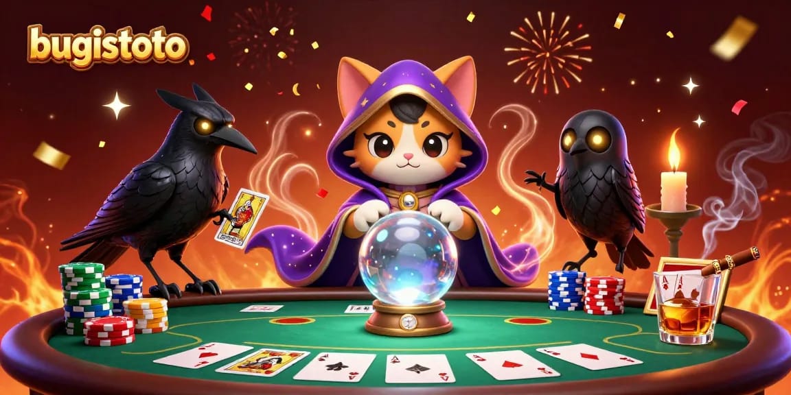 Menggambarkan bugistoto dengan karakter kucing peramal, burung gagak dan lilin di meja poker.