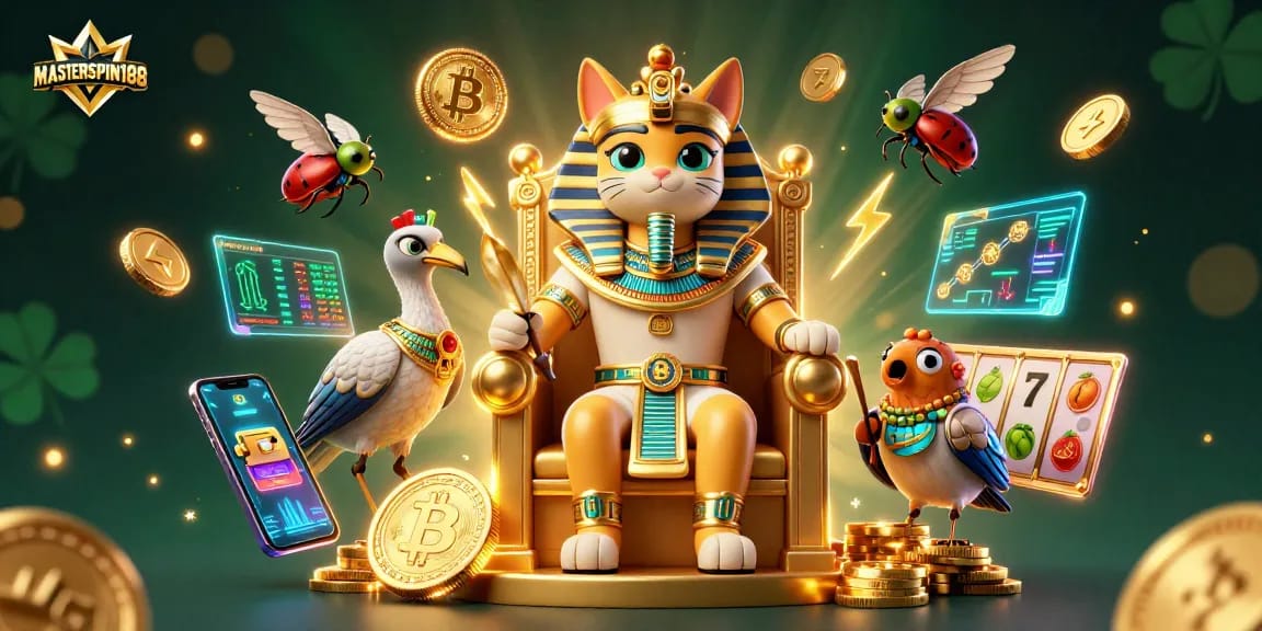 Engage in the thrilling atmosphere of MASTERSPIN188 with a vibrant slot scene featuring treasures and crypto elements.