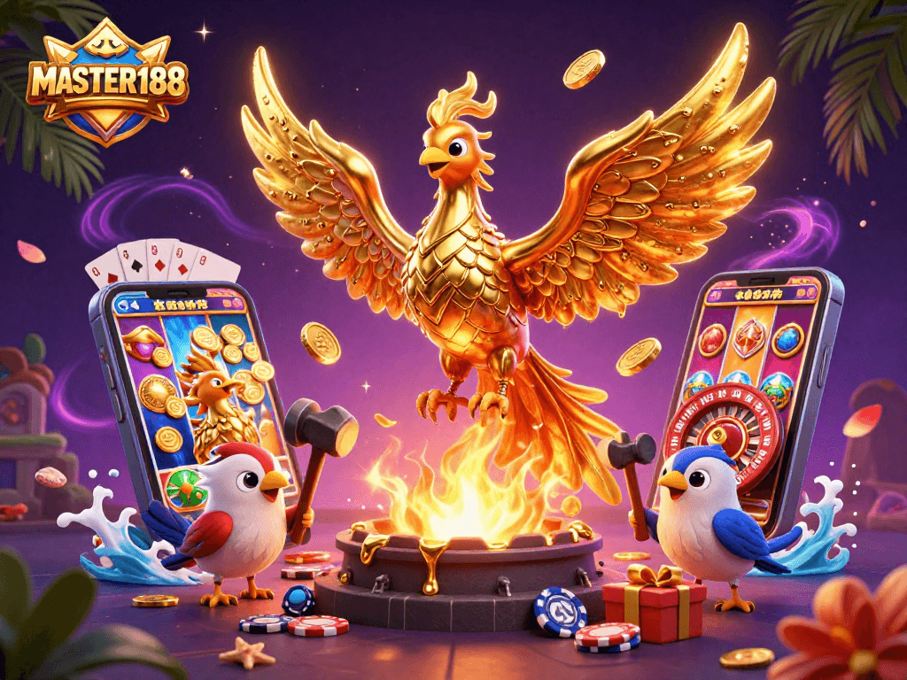 Experience the thrilling world of MASTER188 with a golden phoenix and dynamic casino elements.