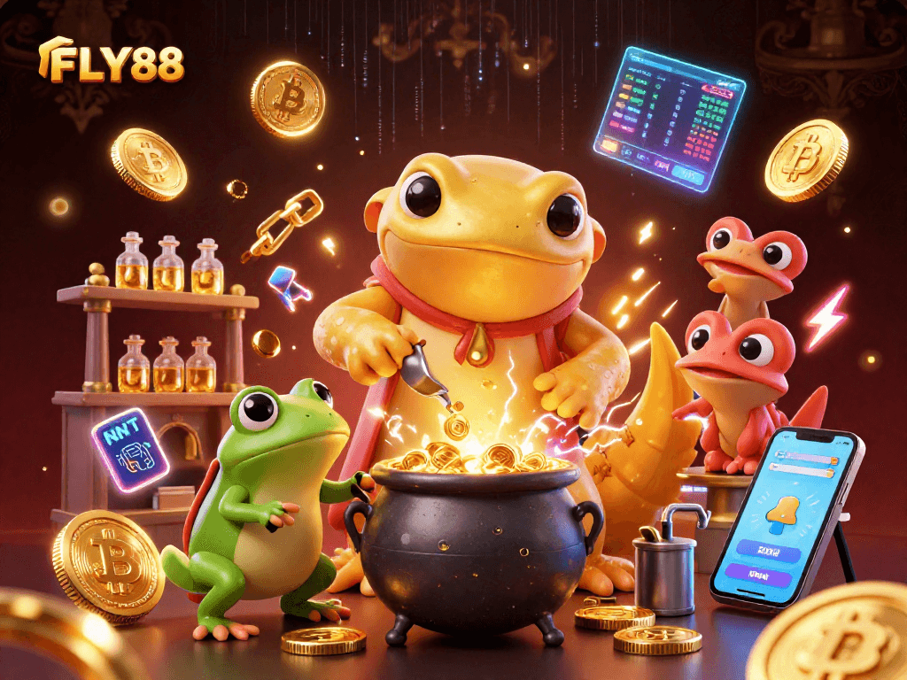 Experience thrilling gameplay at FLY88 with a dynamic 3D casino scene featuring vibrant gold coins and alchemical magic.