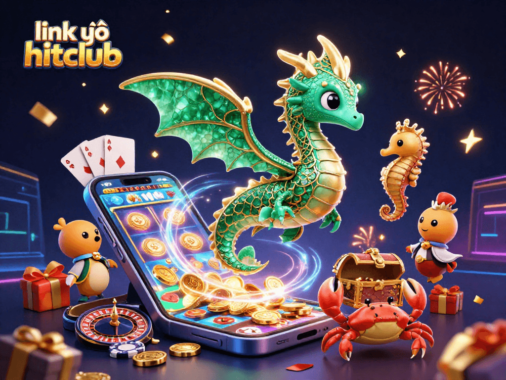 Engage with link vào hitclub through an exciting illustration of a sea dragon and casino themed elements.