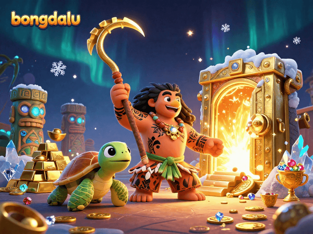 Bongdalu invites players with a captivating 3D scene featuring Polynesian demigod amidst treasures.