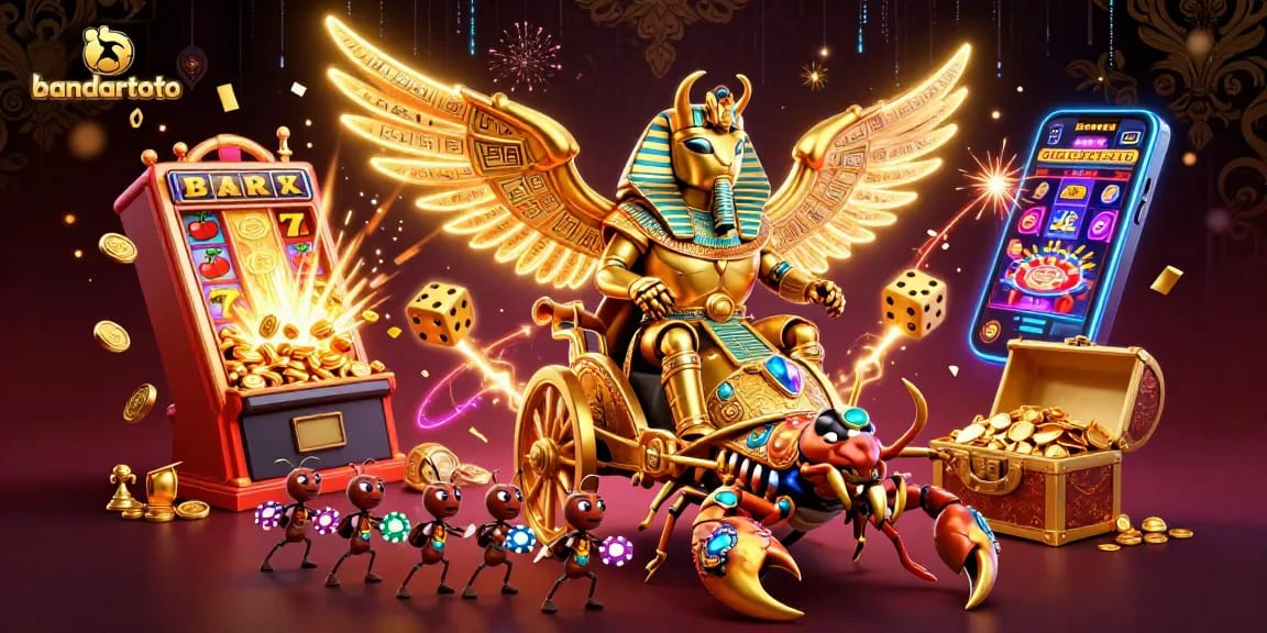 Experience intense excitement with bandartoto, featuring a golden scarab and dynamic casino elements.